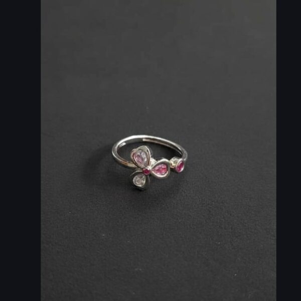 Silver-Tone Pink Stone Clover Open Ring.