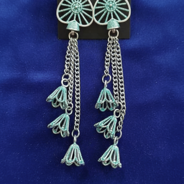 Oxidised silver-toned floral chain dangle earring