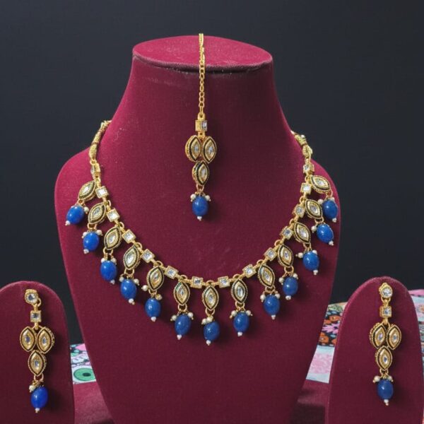 ✨ Royal Blue Kundan Necklace & Earring Set with Maang Tikka