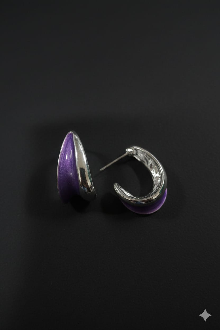 Purple Enamel Half-Hoop Silver Earrings