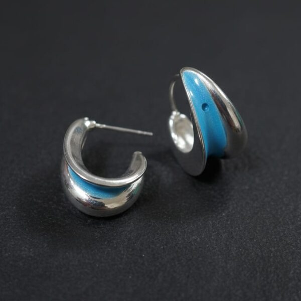 Sky Blue Enamel Half-Hoop Silver Earrings