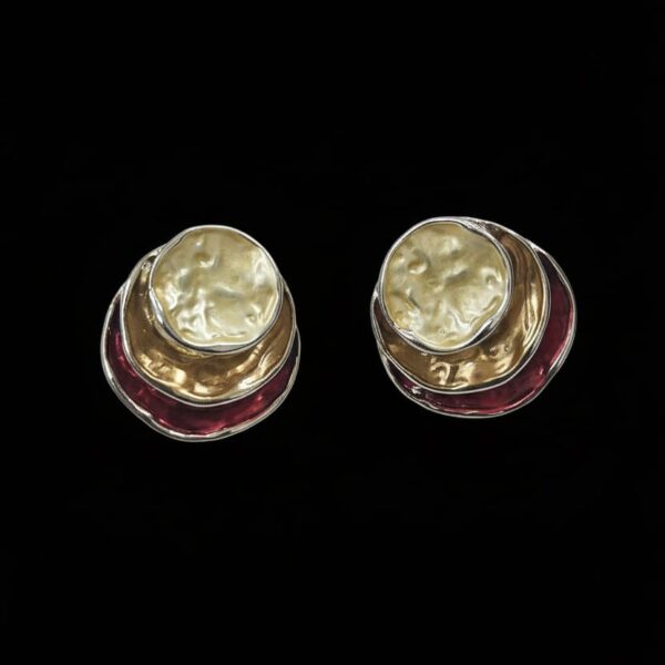 Tri-Tone Hammered Tiered Disc Stud Earrings.