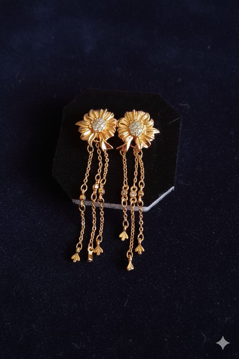 Gold-Toned Sunflower Tassel Earrings.