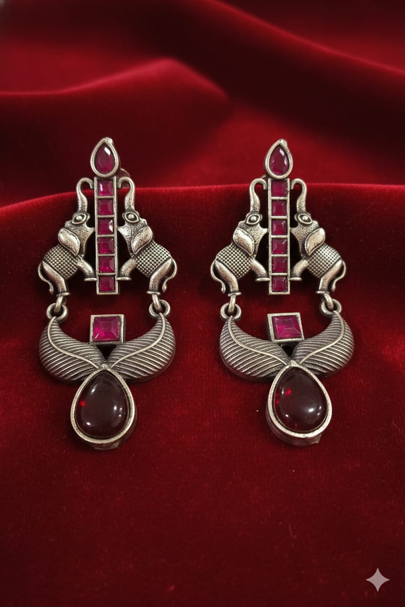 Oxidized Silver Elephant Motif Dangler Earrings
