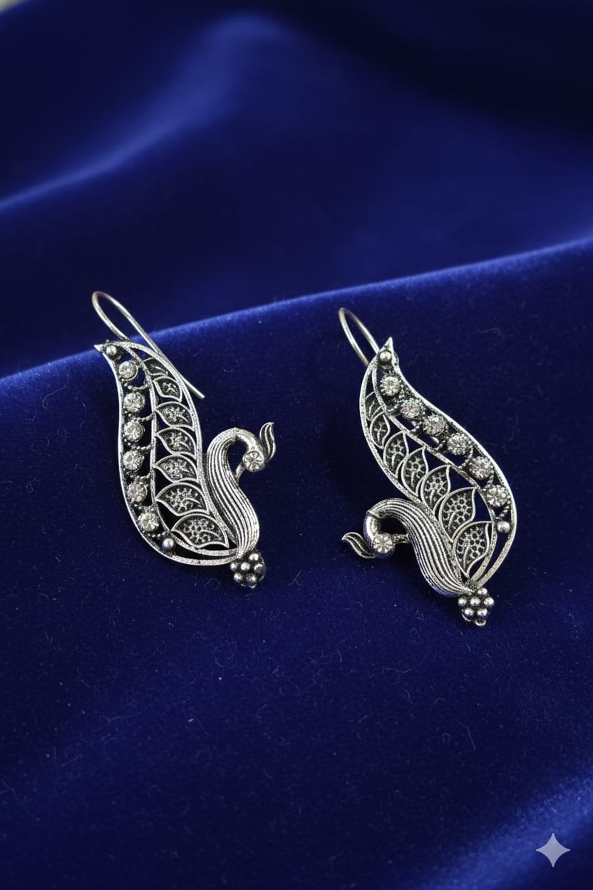 Oxidized Silver Filigree Peacock Earrings