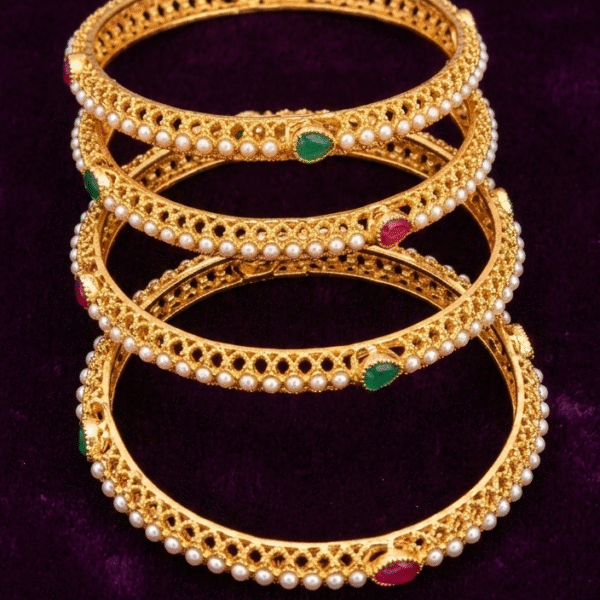 Elegant Gold-Plated Meenakari & Pearl Kada Bangles (Set of 4)