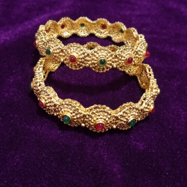 Traditional Matte Gold-Plated Antique Kada Bangles with Ruby & Emerald Beads (Set of 2)