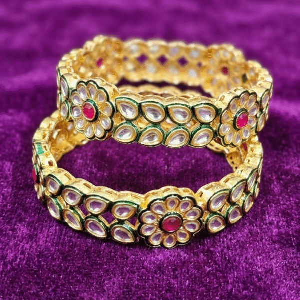 Traditional Ethnic Kundan & Meenakari Gold-Plated Kada Bangles (Set of 2)