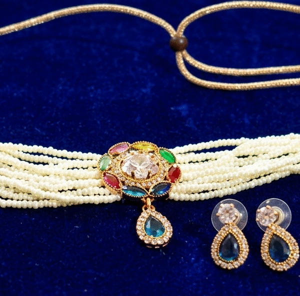 Multi-Color Navratna Style Pearl Choker Set with Matching Earrings