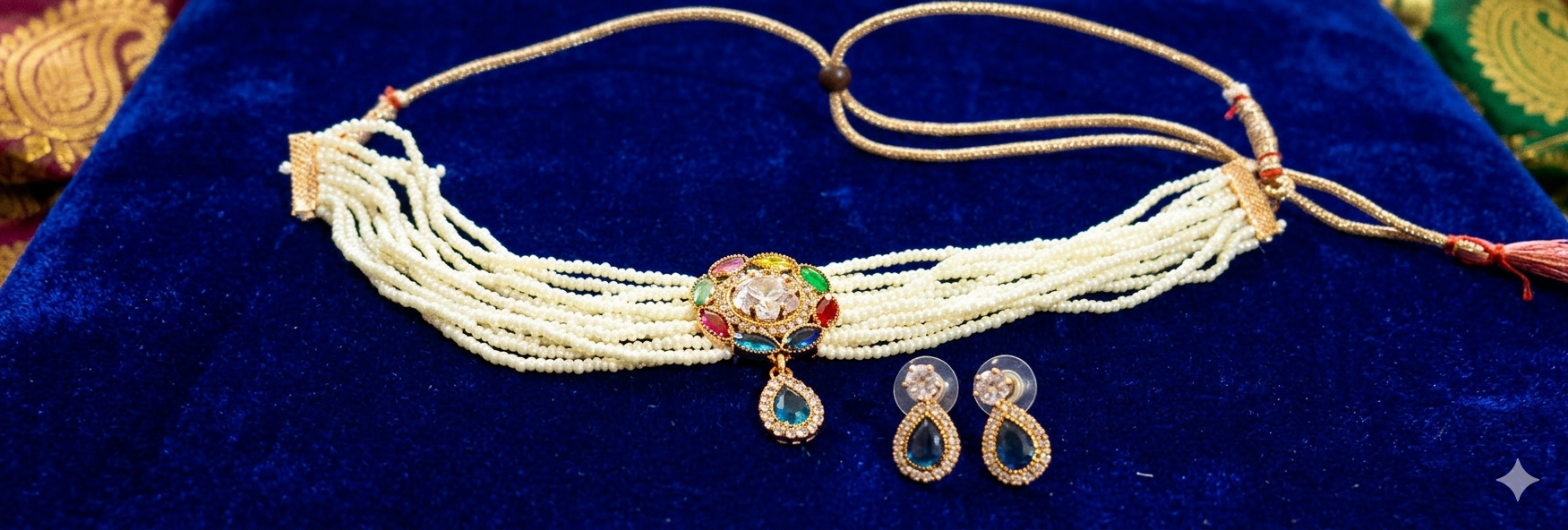 Multi-Color Navratna Style Pearl Choker Set with Matching Earrings