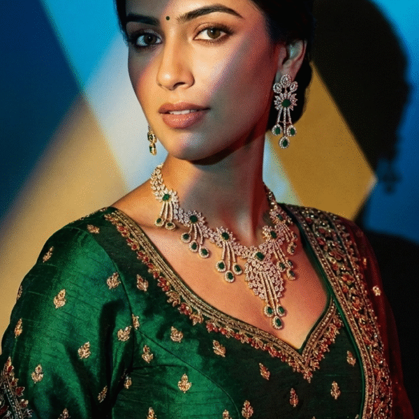 Luxury Emerald & American Diamond Gold-Plated Choker Necklace Set with Matching Jhumka Earrings