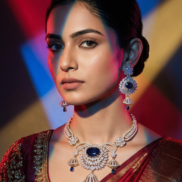 Royal Sapphire Blue & American Diamond Gold-Plated Jhumki Choker Necklace Set