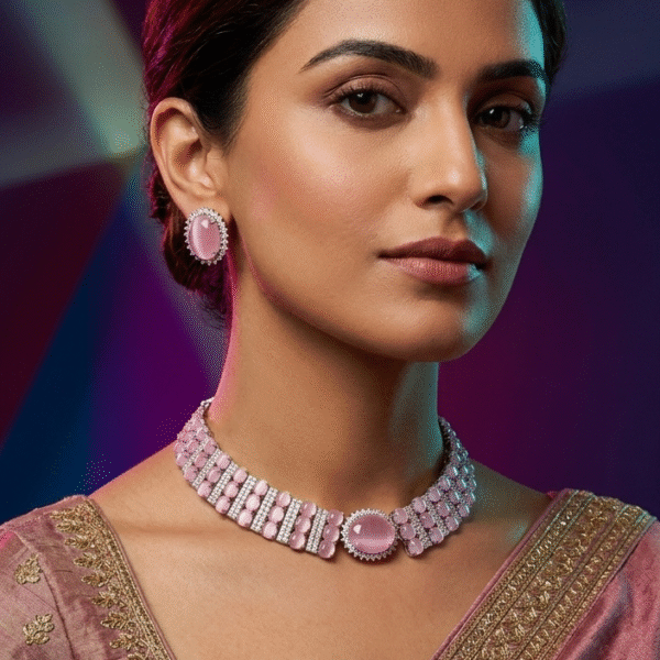 Elegant Pastel Pink Cat’s Eye Stone Choker Necklace Set with Halo Stud Earrings