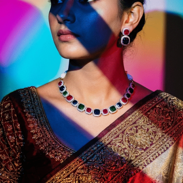Multi-Color Navratna-Inspired Cushion-Cut Stone Choker Necklace Set