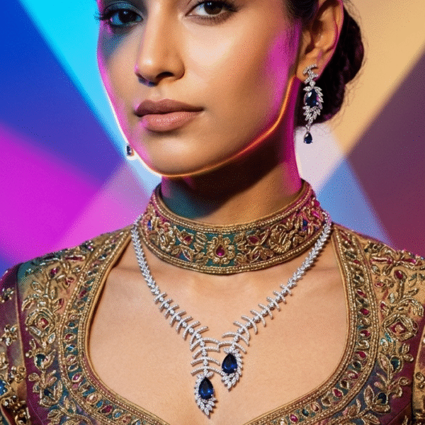 Royal Sapphire Chevron Cascade Necklace & Earring Set