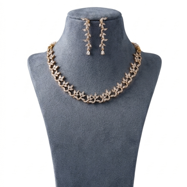 Elegant Rose Gold-Plated American Diamond Leafy Vine Choker Necklace Set with Matching Drop Earrings