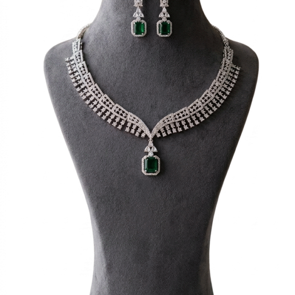 Elegant Emerald Green and Diamond Geometric Choker Jewelry Set