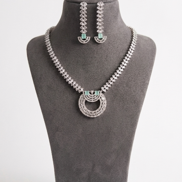 Mint Elegance Rhodium-Plated American Diamond Necklace Set