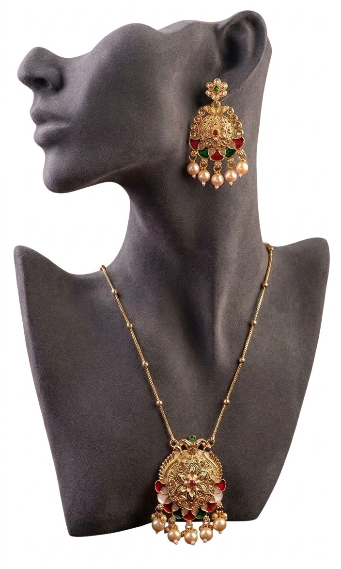 Traditional Meenakari & Pearl Pendant Set