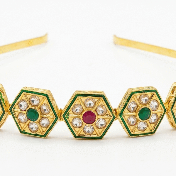 Traditional Kundan & Meenakari Hexagonal Gold-Plated Hairband with Ruby and Emerald Accents