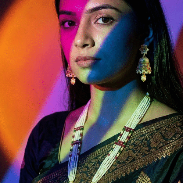 Traditional Rani Haar Long Necklace Set with Multi-Strand Pearls and Meenakari Pendant