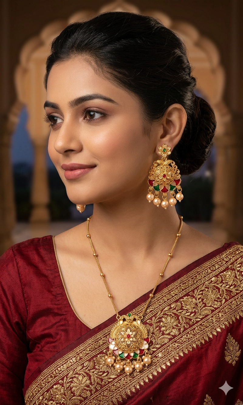 Traditional Meenakari & Pearl Pendant Set - Image 2