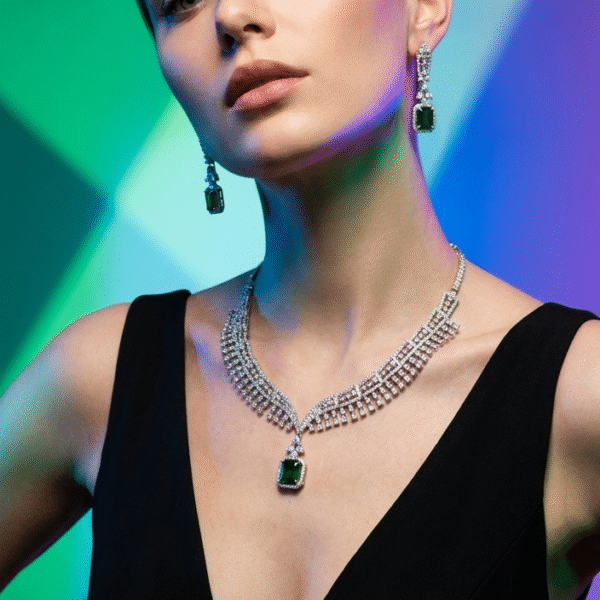 Elegant Emerald Green and Diamond Geometric Choker Jewelry Set