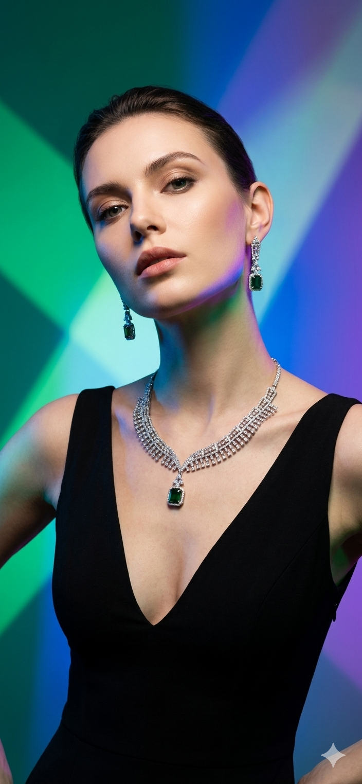Elegant Emerald Green and Diamond Geometric Choker Jewelry Set - Image 2