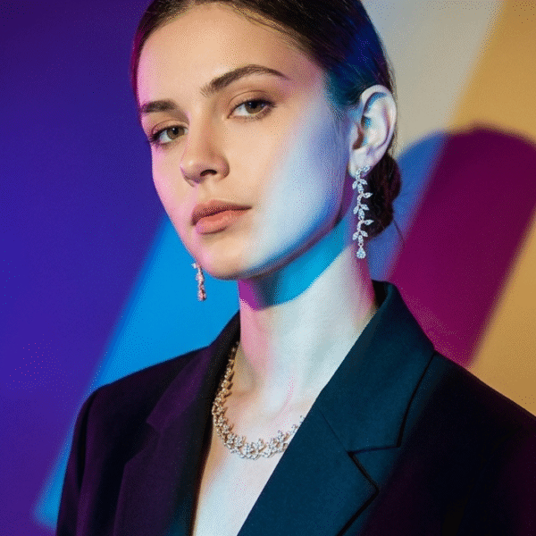Elegant Rose Gold-Plated American Diamond Leafy Vine Choker Necklace Set with Matching Drop Earrings