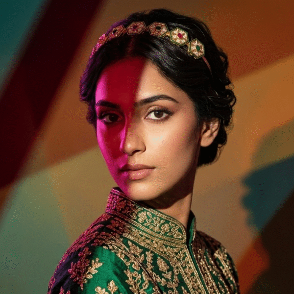 Traditional Kundan & Meenakari Hexagonal Gold-Plated Hairband with Ruby and Emerald Accents