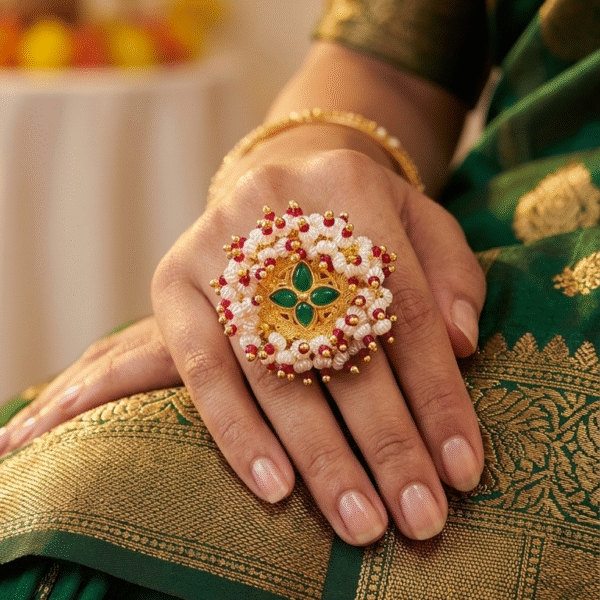 Ethnic Gold-Plated Kundan & Pearl Cluster Adjustable Ring