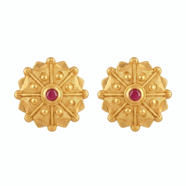 Royal Matte Gold Temple-Style Stud Earrings with Ruby Centerpiece