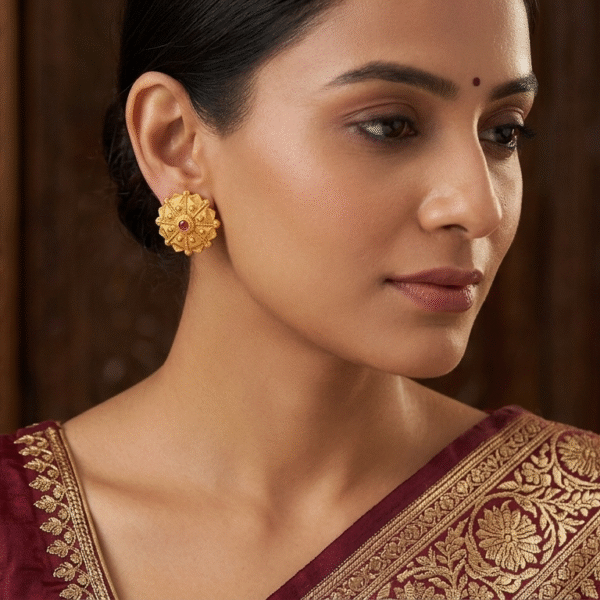 Royal Matte Gold Temple-Style Stud Earrings with Ruby Centerpiece