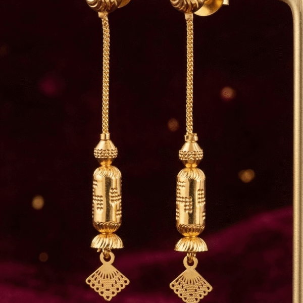 Traditional Gold-Plated Cylindrical Dangle Earrings (Loom / Latkan Drop Earrings)